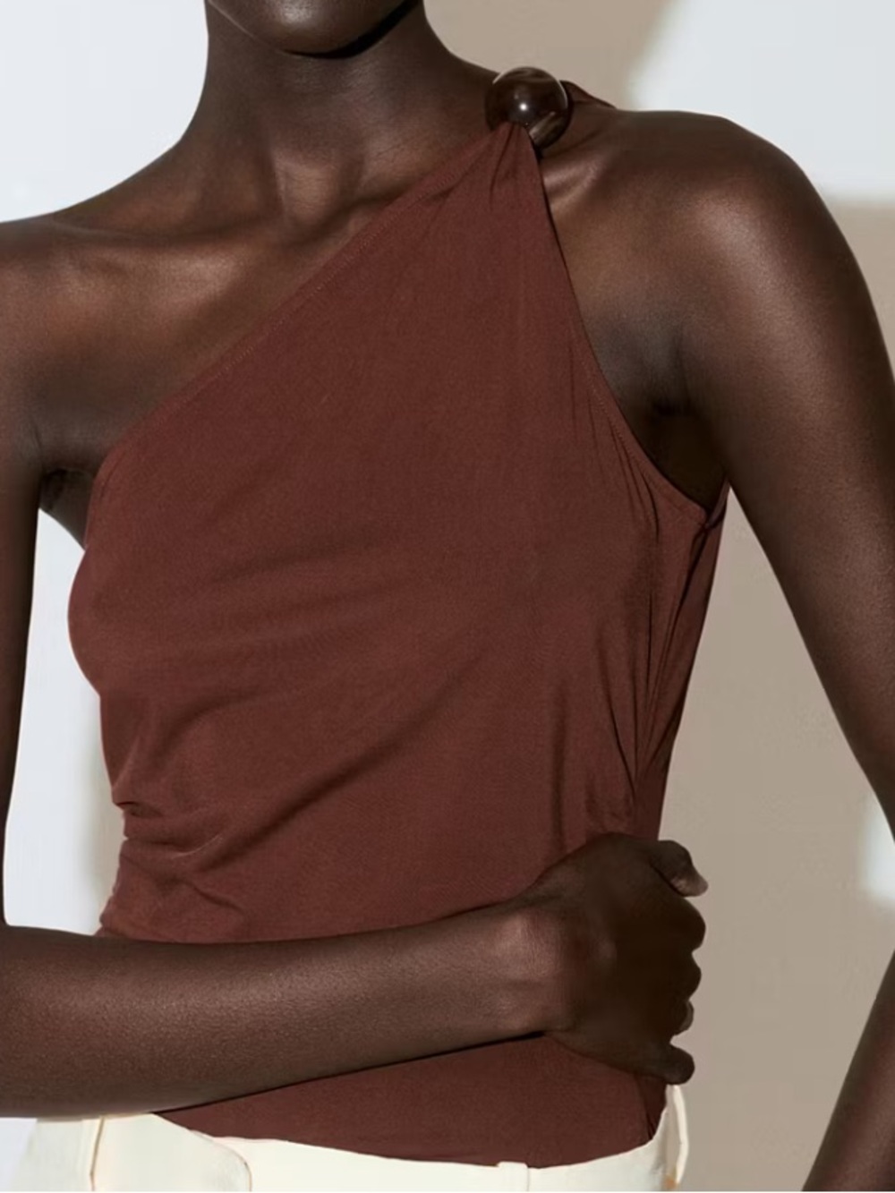 Mango One-Shoulder Ring-Detail Dress in Rust ASYMMETRIC TOP WITH BEAD DETAIL